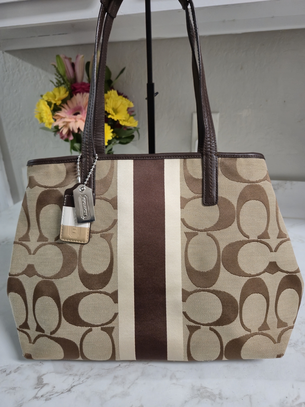 Coach Beige and Brown Signature Canvas Tote with Center Stripe